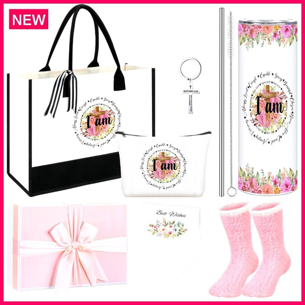 Christian Gift Set with Tote Bag, Makeup Bag, Tumbler, Socks, Keychain